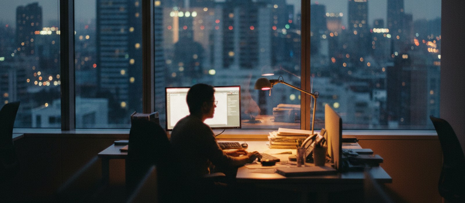 An office at dusk with city lights through the windows, a hiring workstation still lit