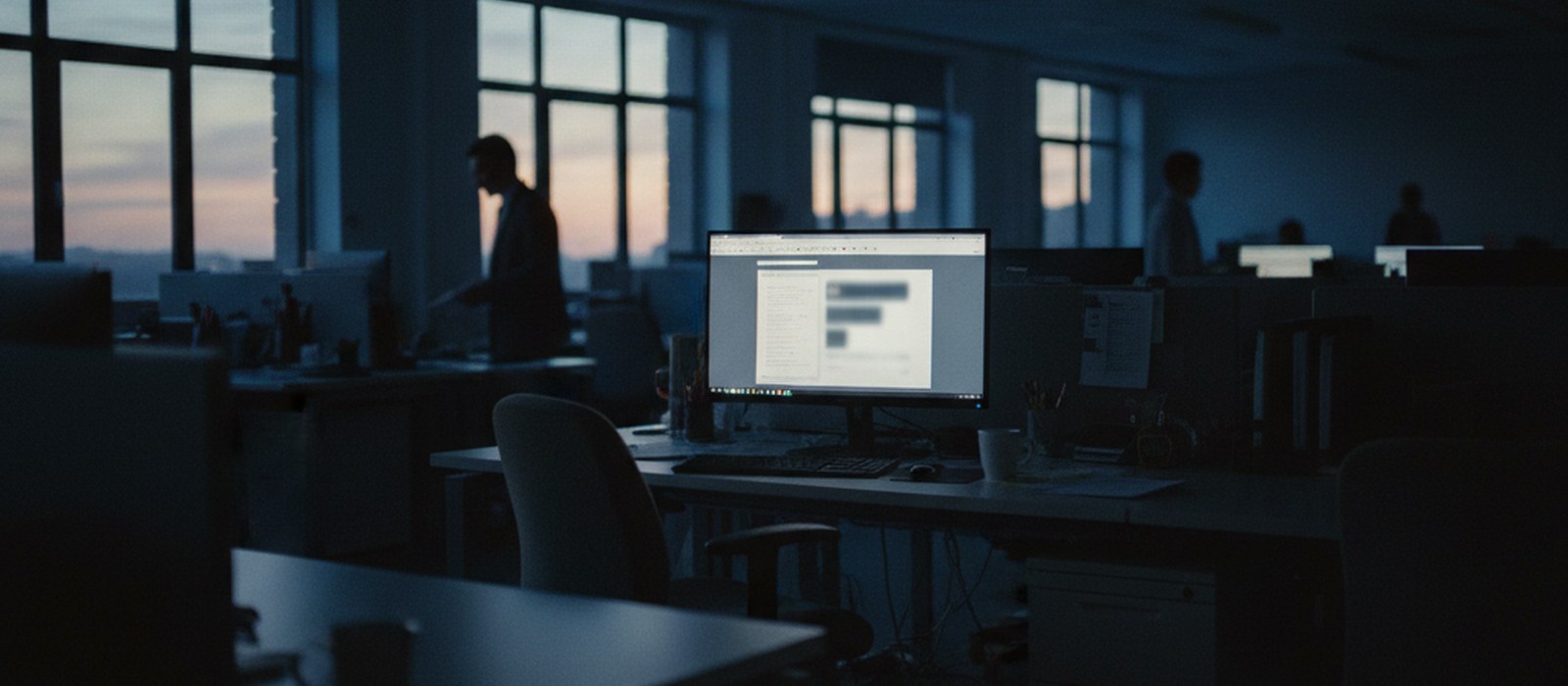 An office at dusk with a single monitor still lit, showing a finished report ready to send