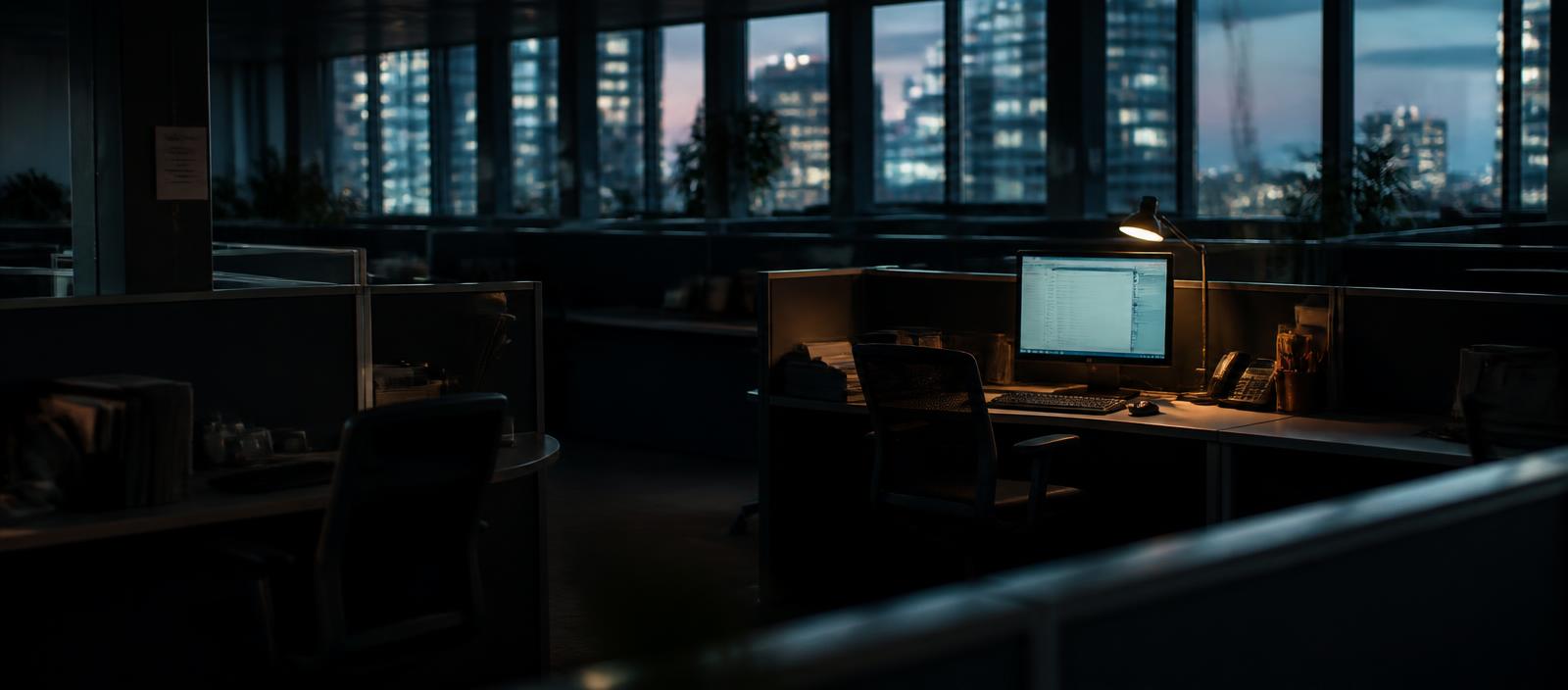 An empty support floor at dusk with one desk still lit showing an open chat queue