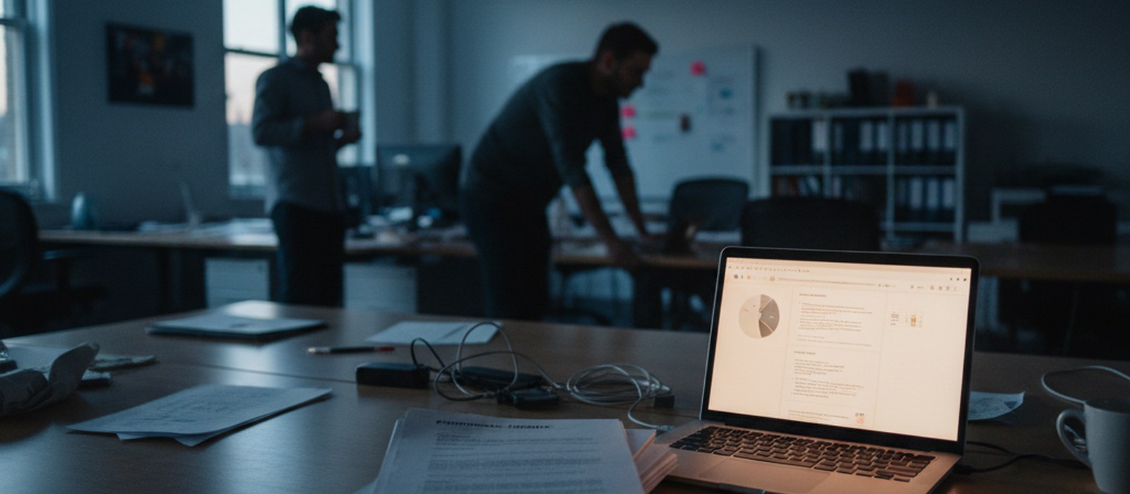 An office at dusk with a printed proposal on the desk and a laptop screen glowing beside it