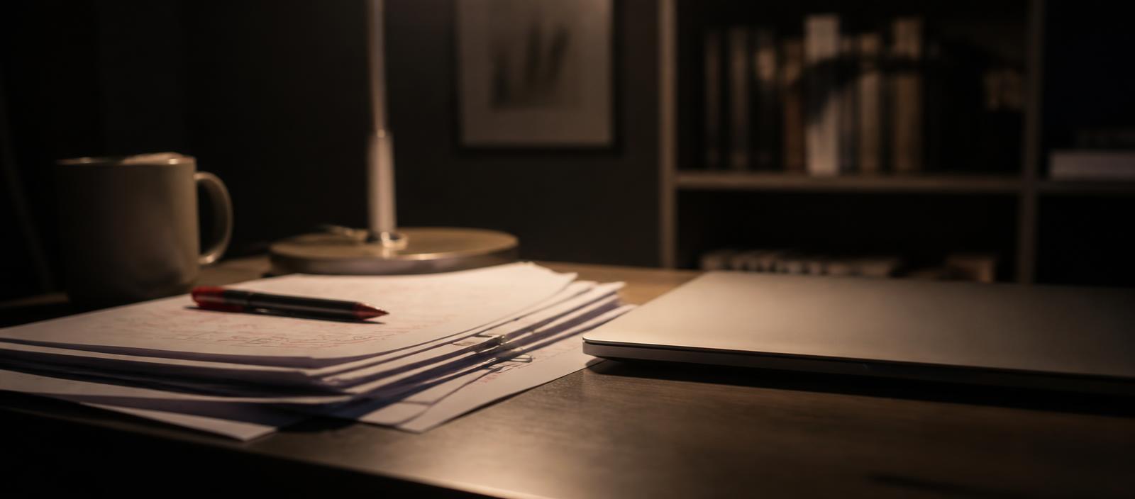 A desk at night lit by one lamp, marked-up printouts beside a closed laptop
