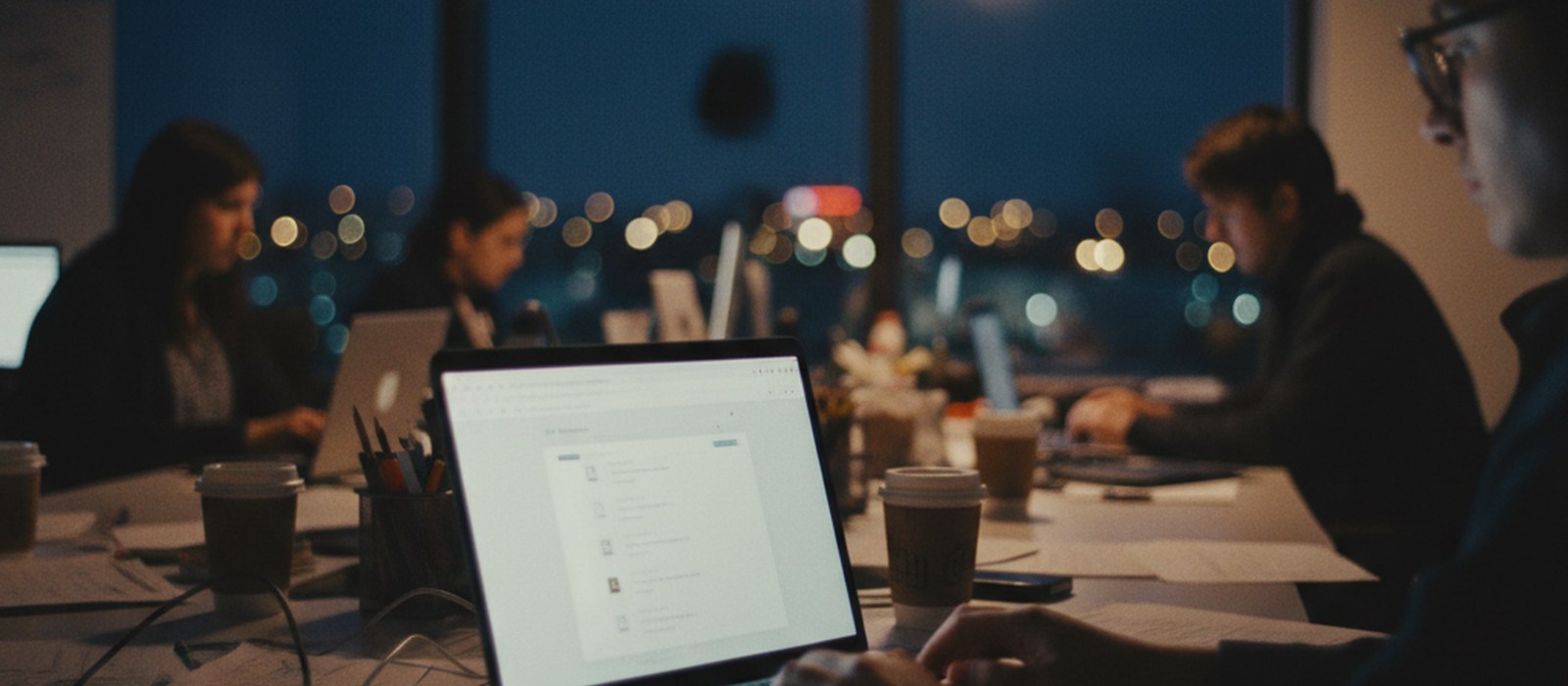 An office desk late in the evening, a laptop screen glowing with a document library open, city lights through the window