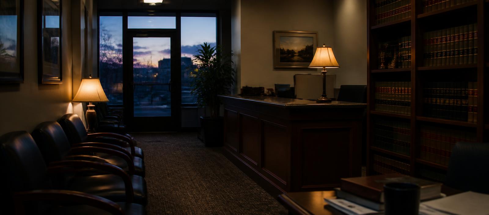 A law office reception at dusk, lamps on, chairs empty