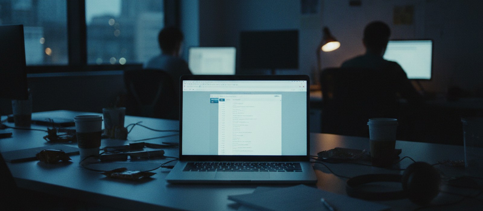 An office desk at night with a laptop screen glowing over an open email inbox