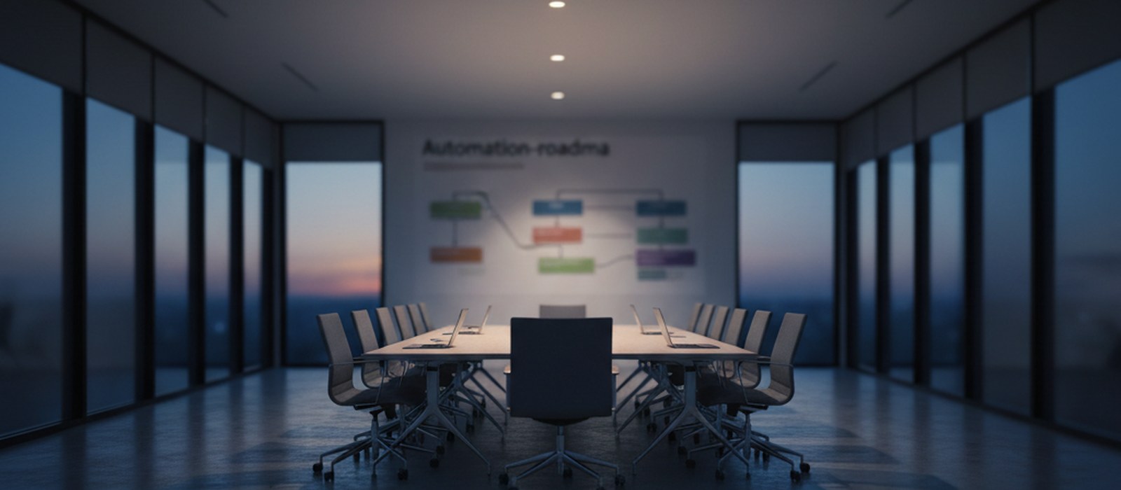 An empty conference room at dusk with a whiteboard roadmap still visible under low light