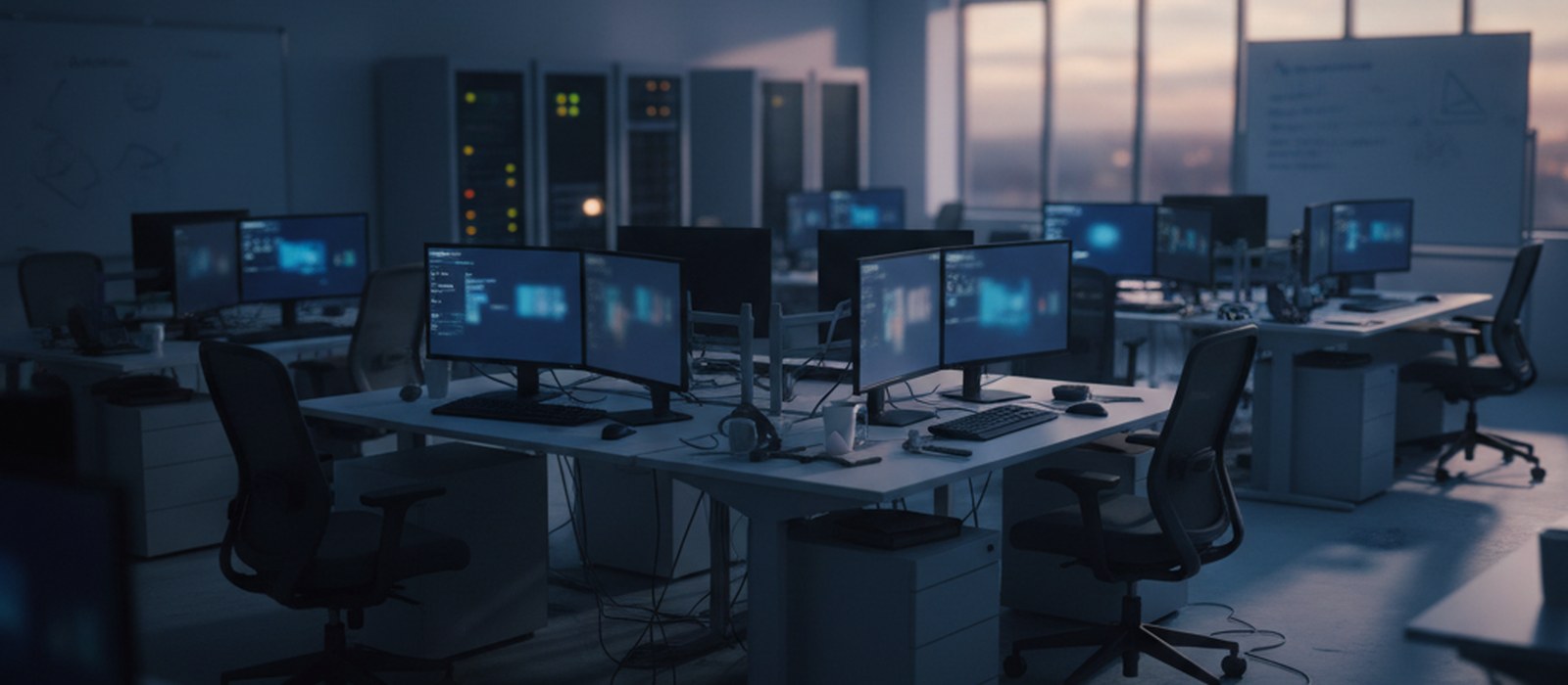 An empty moderation operations room at dusk with monitors dimmed to standby