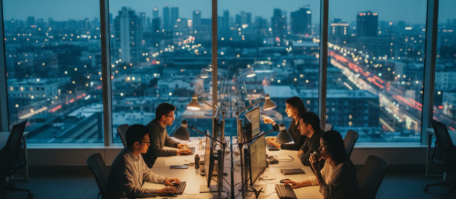 An office at dusk with city lights visible through the windows, a research workstation still lit