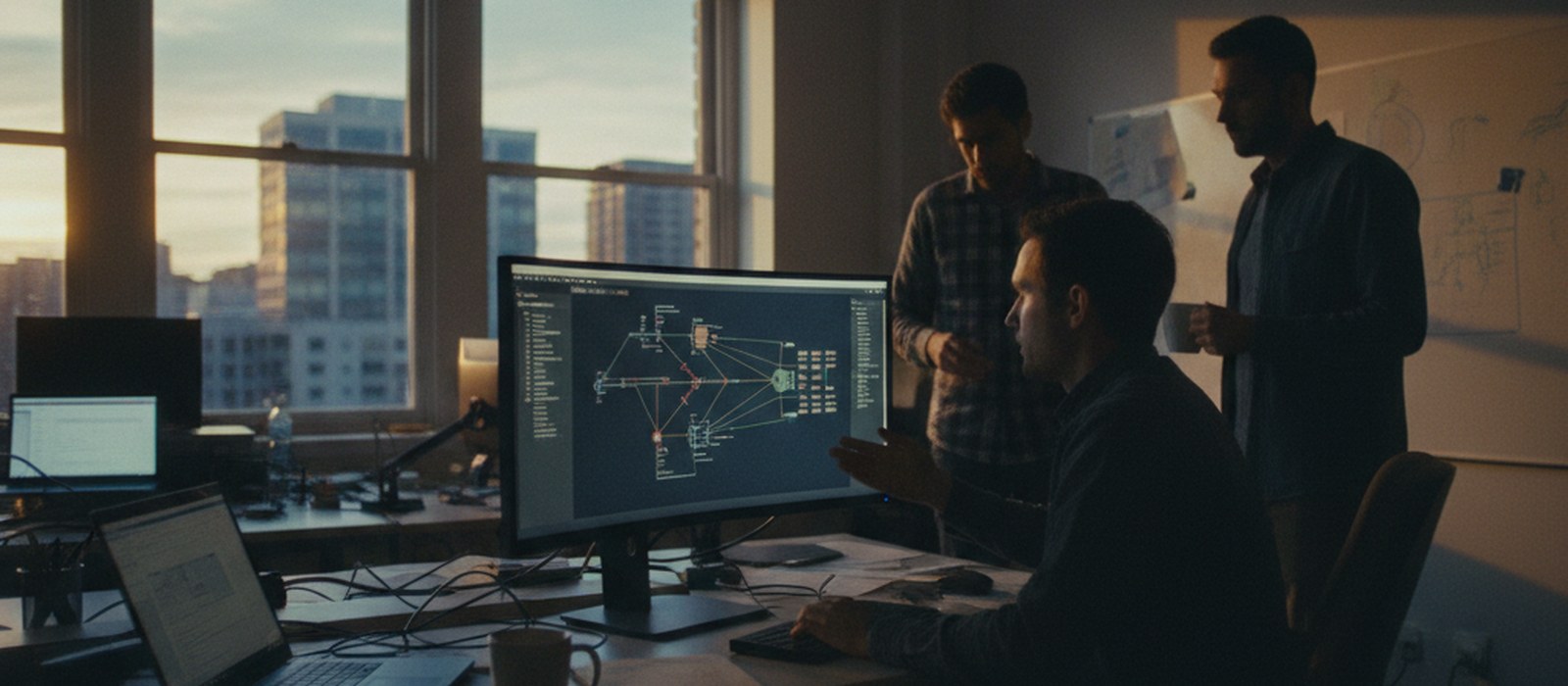 An engineering office at dusk with a large monitor displaying a dimmed system architecture diagram