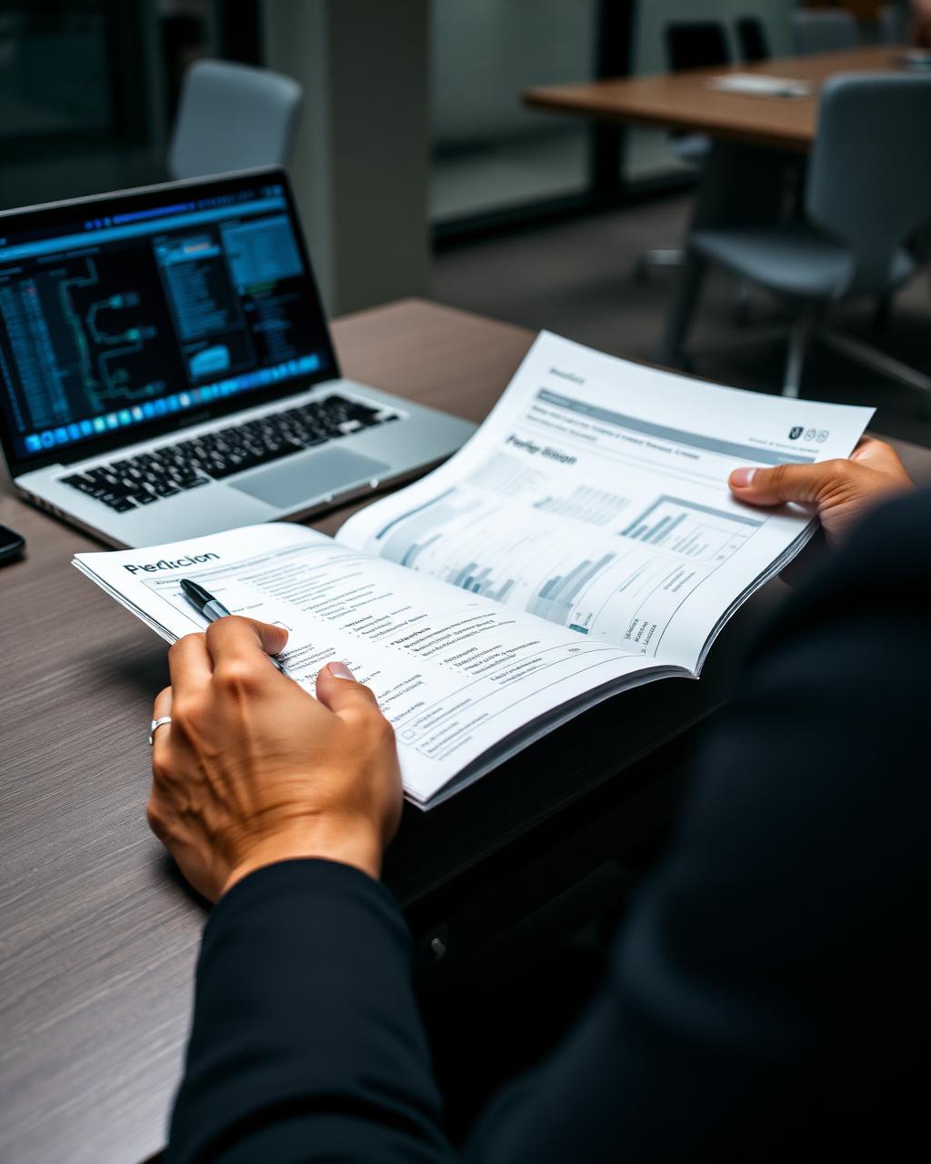A person marking up a printed technical spec beside a laptop