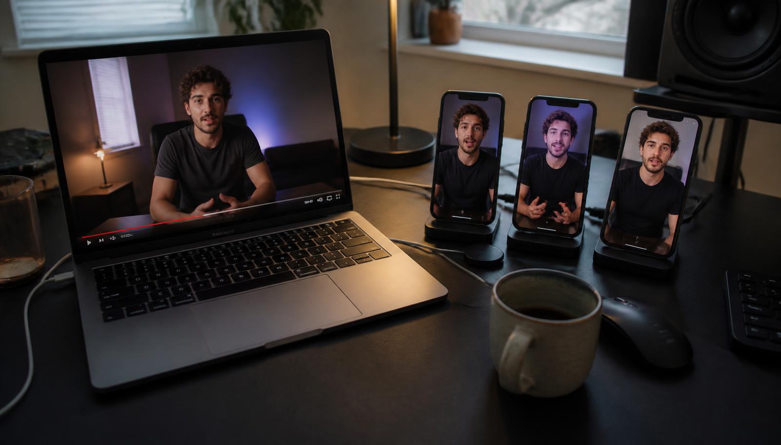 A creator's desk with one long-form video playing on a laptop and three phones beside it showing short vertical cuts