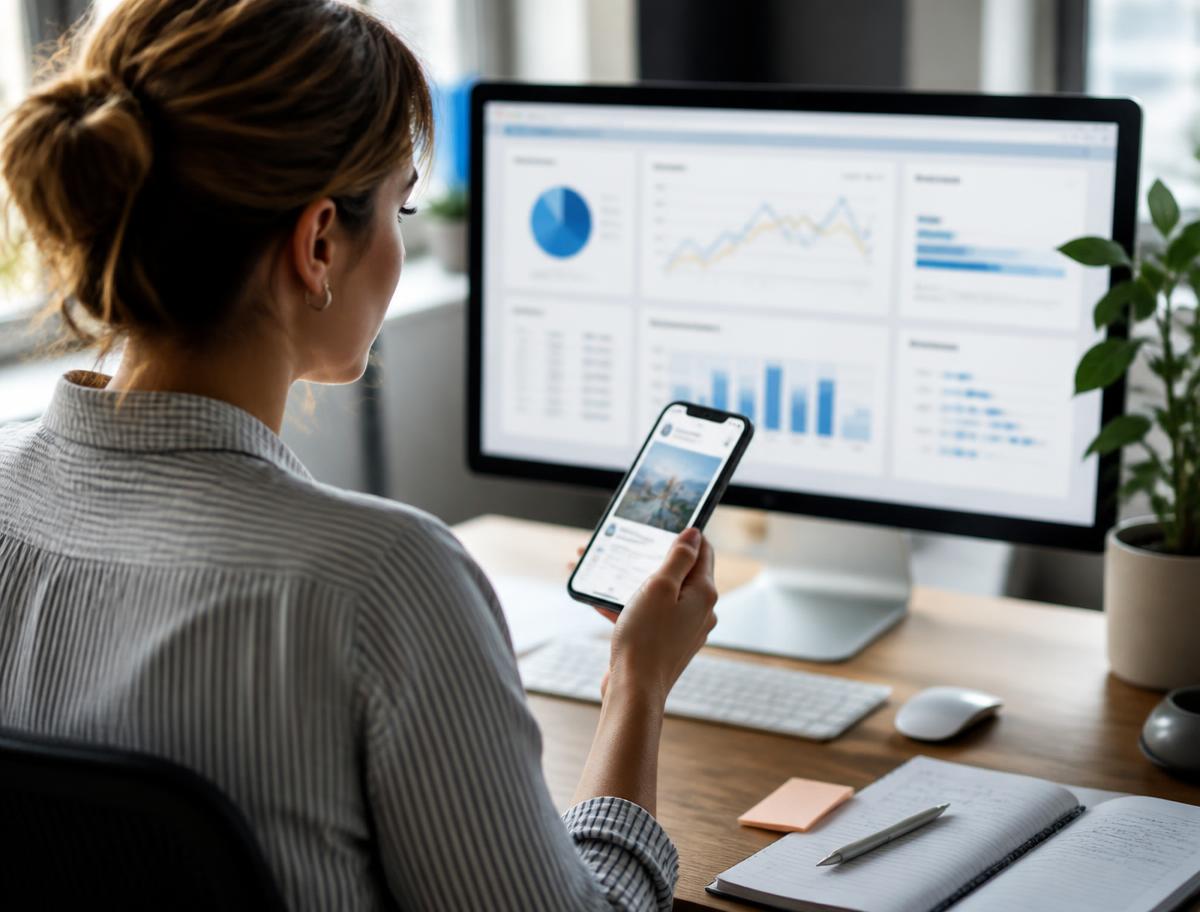 A marketer reviewing a content performance dashboard while holding a phone showing a published post