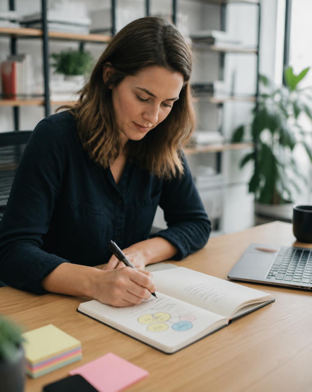 A lifecycle marketer mapping customer segments in a notebook beside a laptop