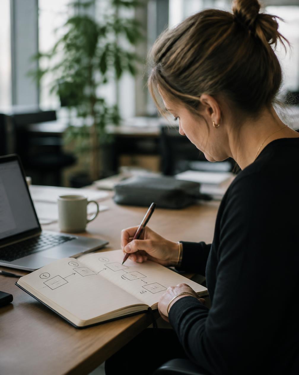 A workflow designer sketching a numbered sequence of steps in a notebook beside a laptop