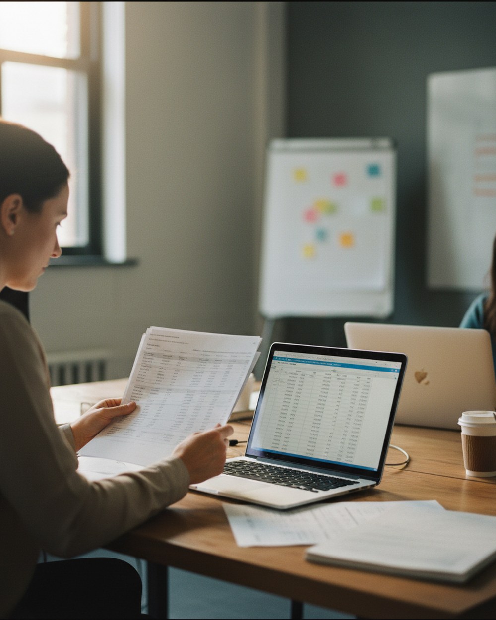 A bookkeeper at a desk comparing a printed bank statement against transactions on a laptop screen