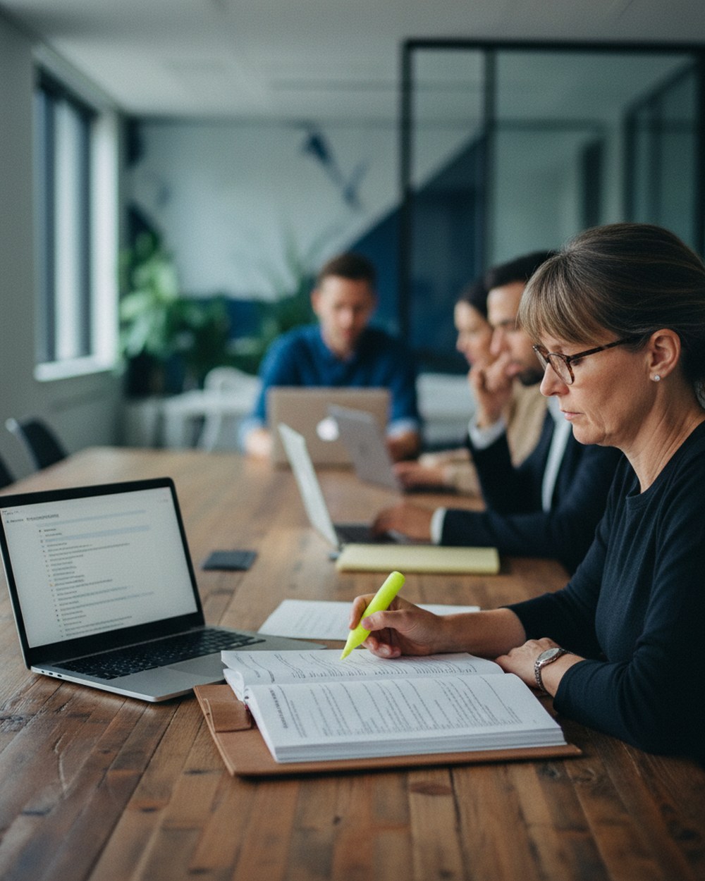 A bid manager at a conference table with a printed RFP document, highlighter in hand, next to a laptop showing a requirements checklist