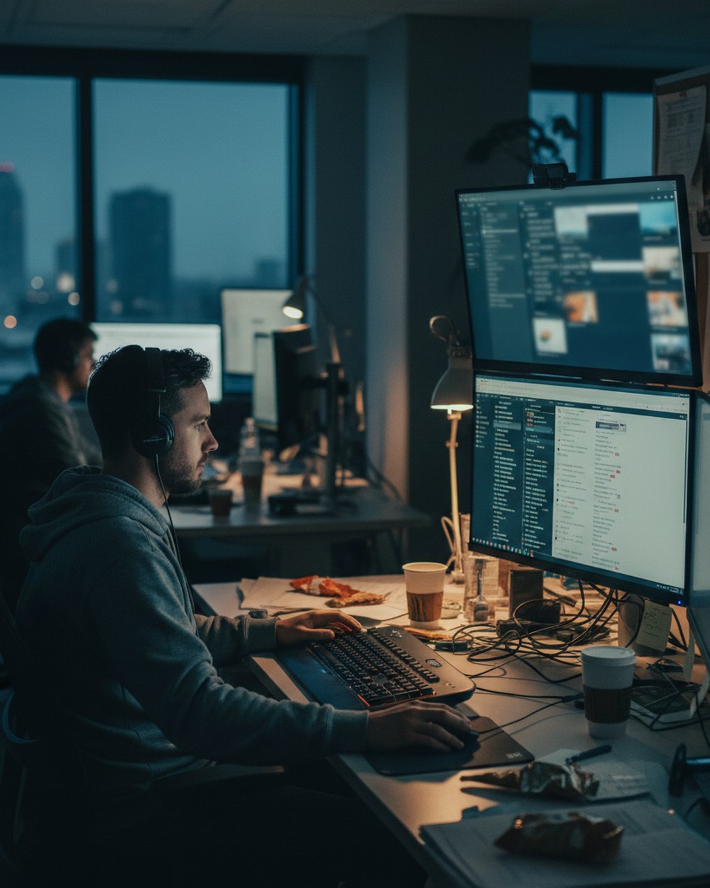 A trust and safety analyst at a multi-monitor desk reviewing a queue of flagged posts late at night