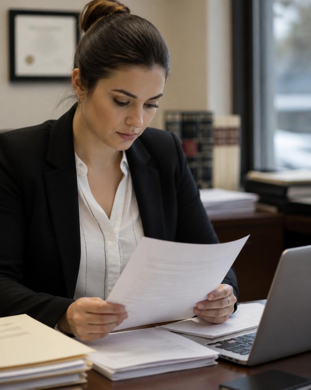 A paralegal reviewing an intake questionnaire at a law office desk