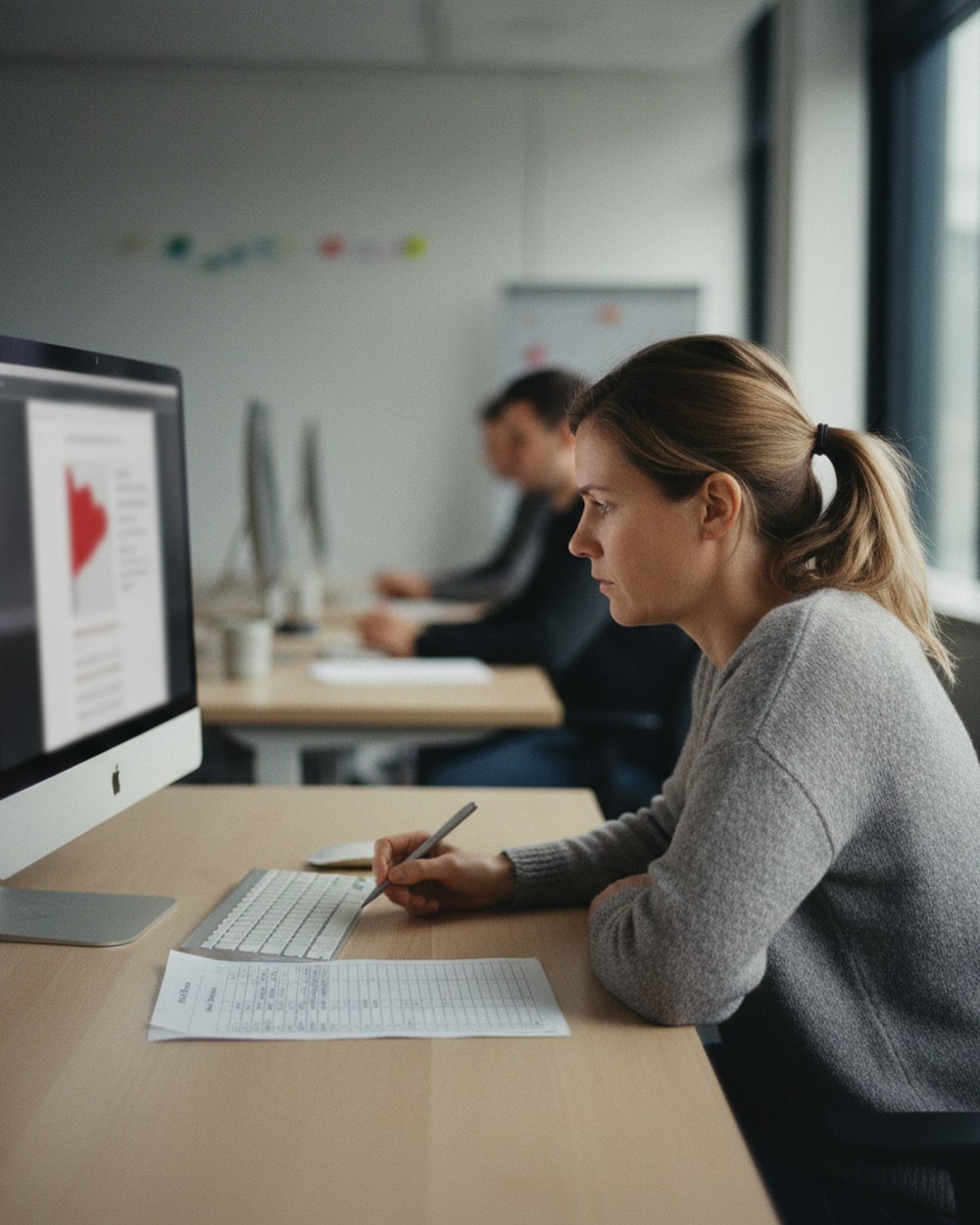A quality reviewer at a desk with a printed rubric checklist next to a monitor showing a blog post draft flagged for review