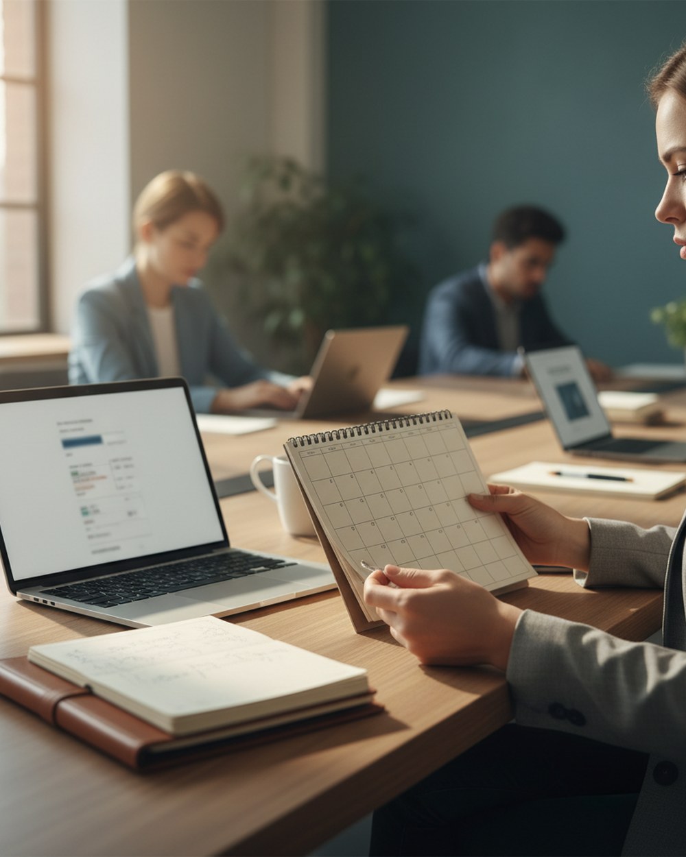 An executive reviewing a printed calendar and notebook of priorities beside an open laptop