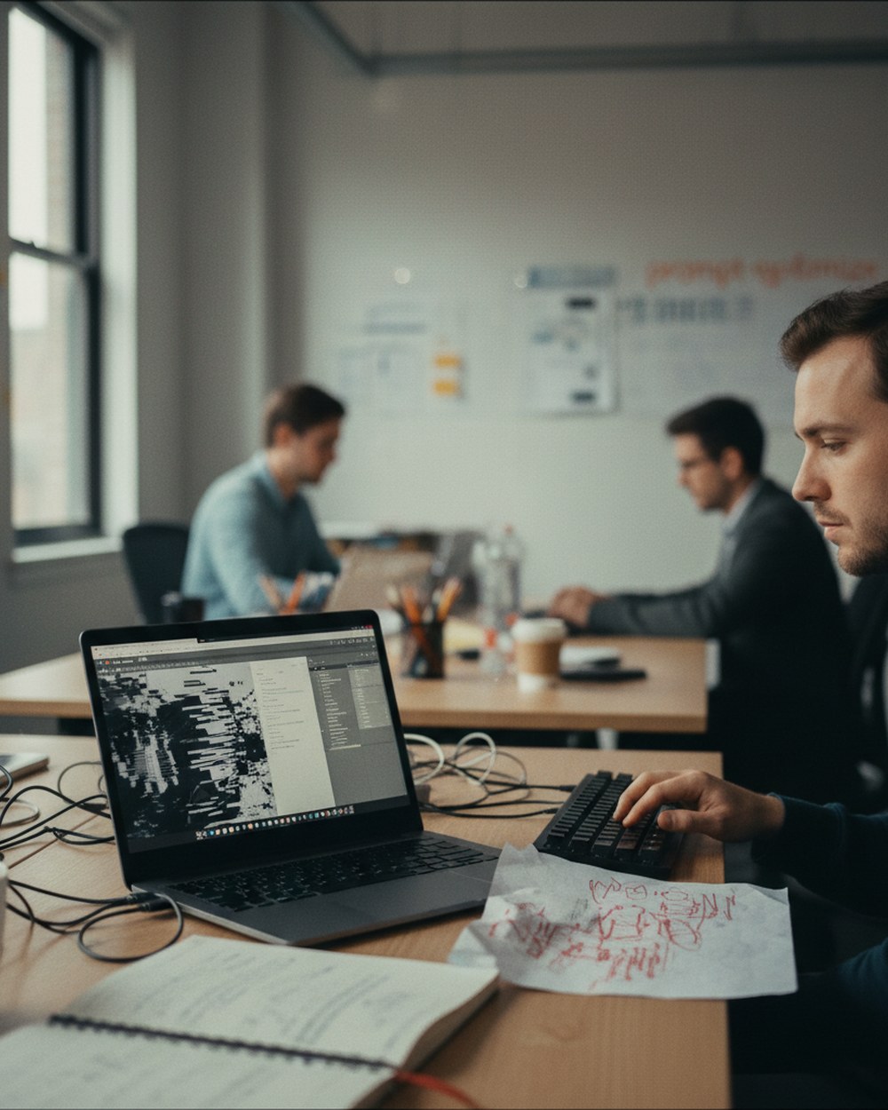 A prompt engineer at a laptop with a failed AI output on one side of the screen and a red-inked printout of the same prompt beside the keyboard