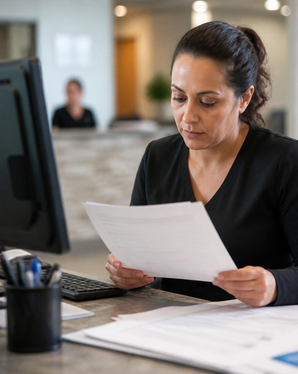 A medical office administrator reviewing patient authorization paperwork at a clinic desk