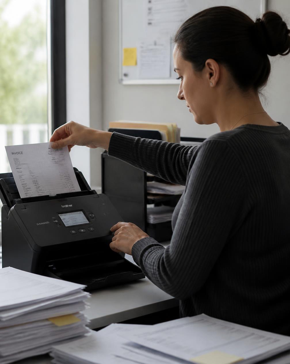 An office worker feeding a stack of invoices into a desktop scanner