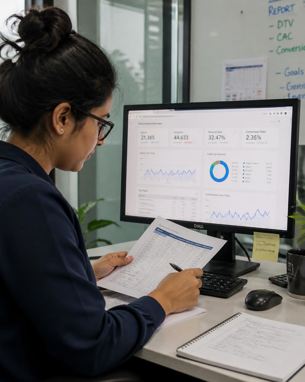 A data analyst at a desk with a dashboard open, cross-checking a metric against a source spreadsheet