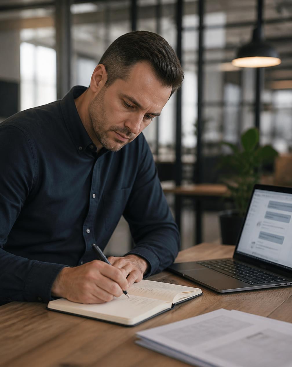 An operations manager writing internal process notes beside a laptop showing a chat assistant