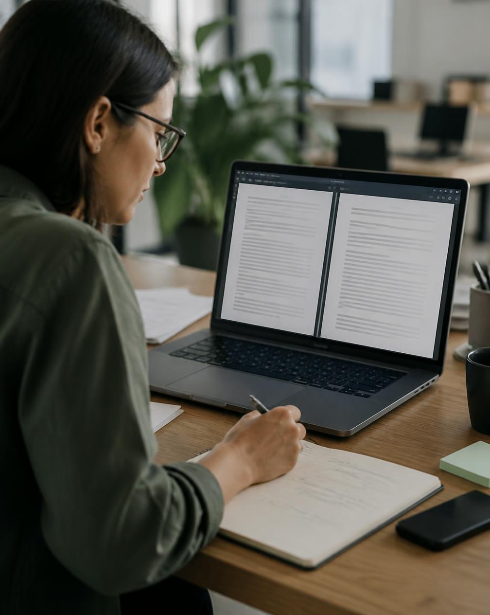 A localization manager comparing two language versions of a document on a laptop