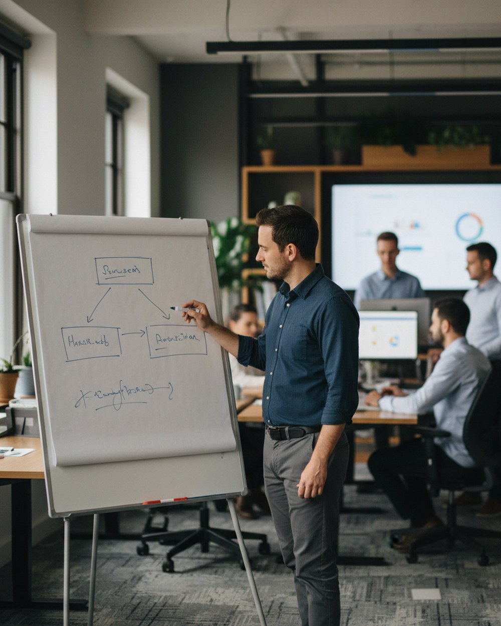 A systems architect at a standing desk sketching three connected boxes labeled with agent roles on a whiteboard