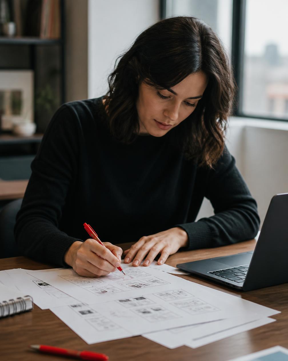 A writer marking up a printed page of instructions with a red pen next to a laptop