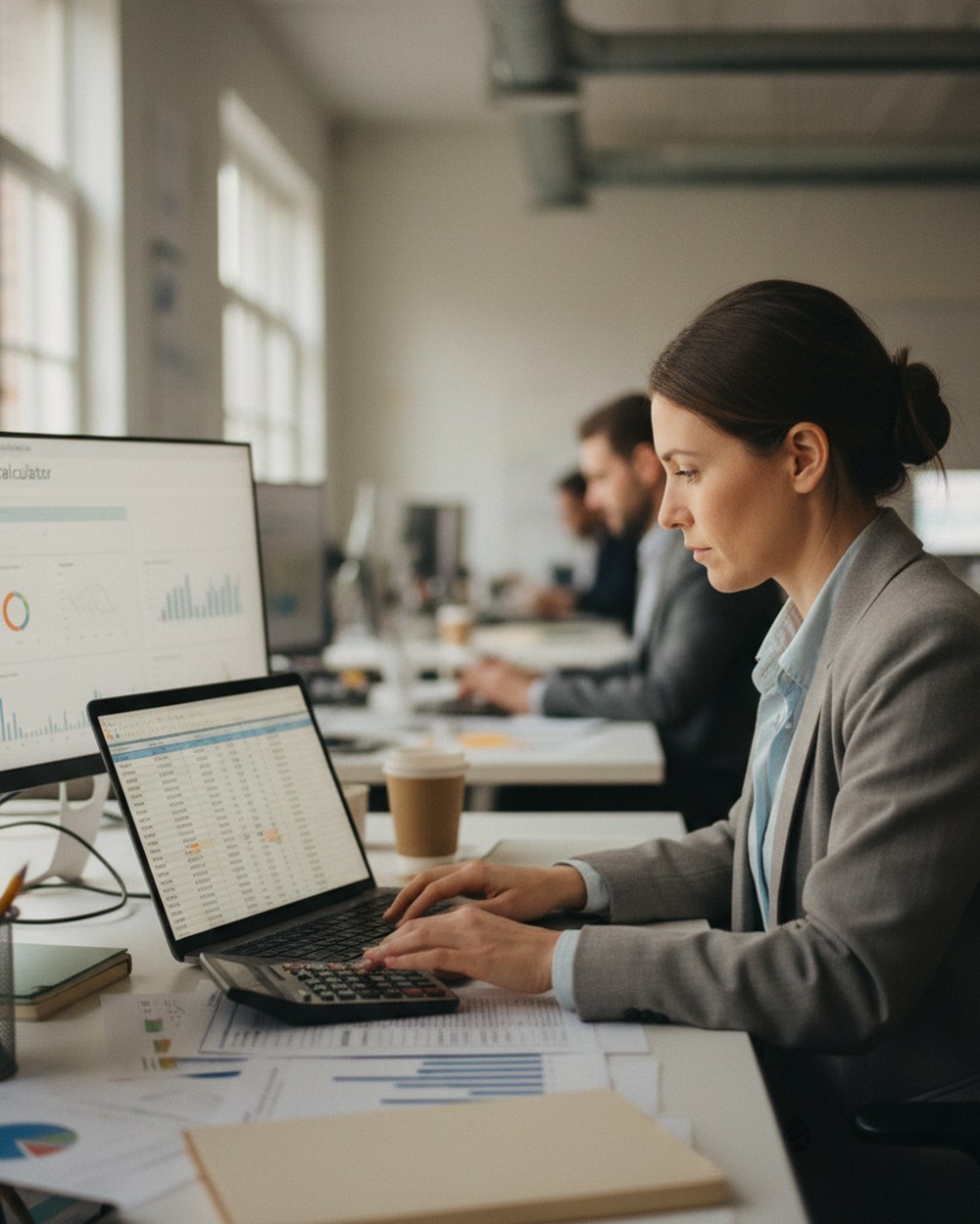 A finance analyst at a desk with a calculator and a spreadsheet of ticket volumes and loaded labor costs