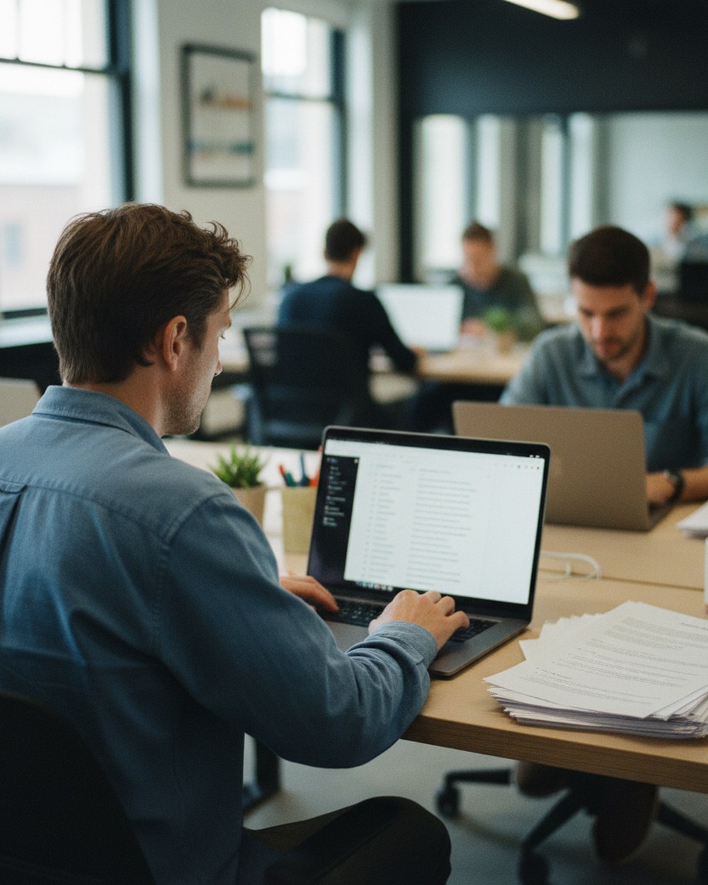 A knowledge manager scrolling through a list of wiki pages and Slack threads on a laptop, printed source list beside them