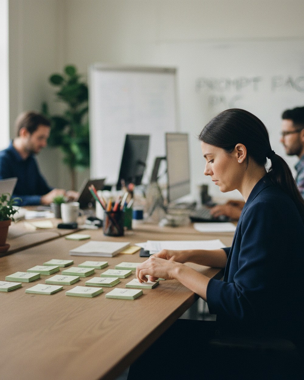 A marketing manager at a desk sorting index cards labeled with different recurring work tasks into small stacks