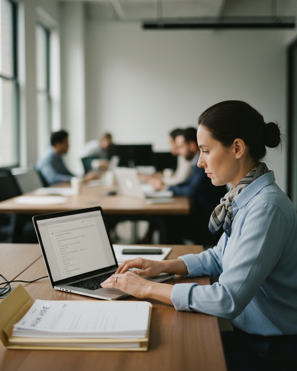 An HR coordinator at a desk with a new-hire folder open next to a laptop showing a provisioning checklist