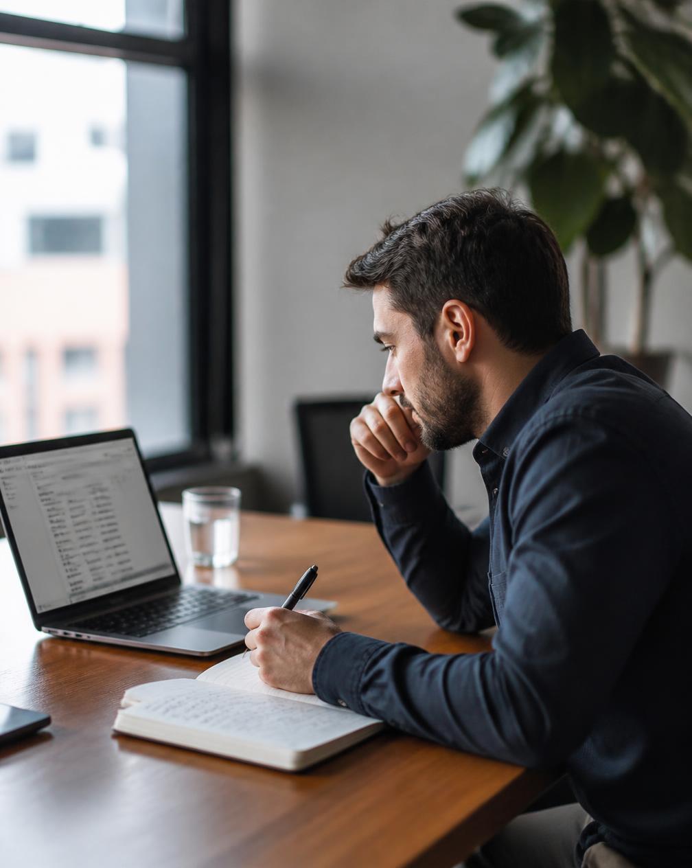 A sales rep reviewing a list of inbound leads on a laptop with a notebook open