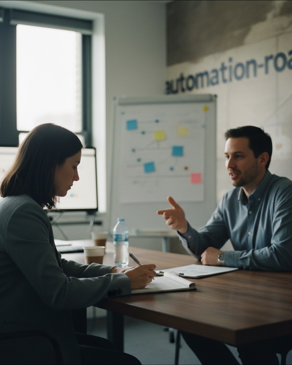 A consultant interviewing a finance team lead at a conference table, taking notes on a legal pad