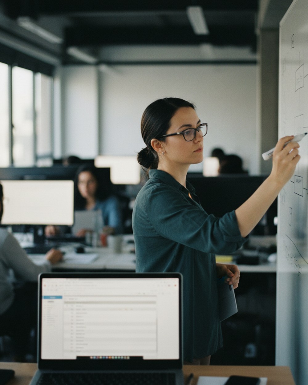 An operations lead sketching a trigger-to-outcome flow on a whiteboard beside a laptop showing a support ticket queue