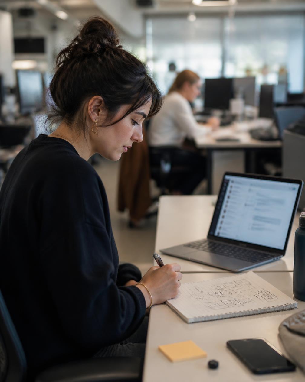 A support operations lead sketching a conversation flow in a notebook beside a laptop showing a chat window