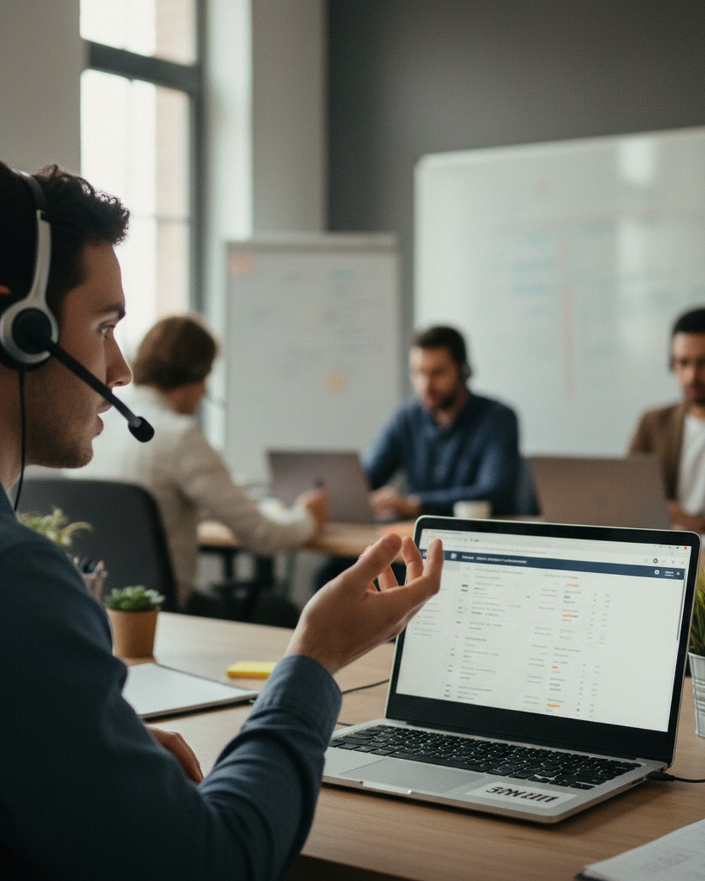 A sales rep on a headset call at their desk with a CRM record open on the laptop screen