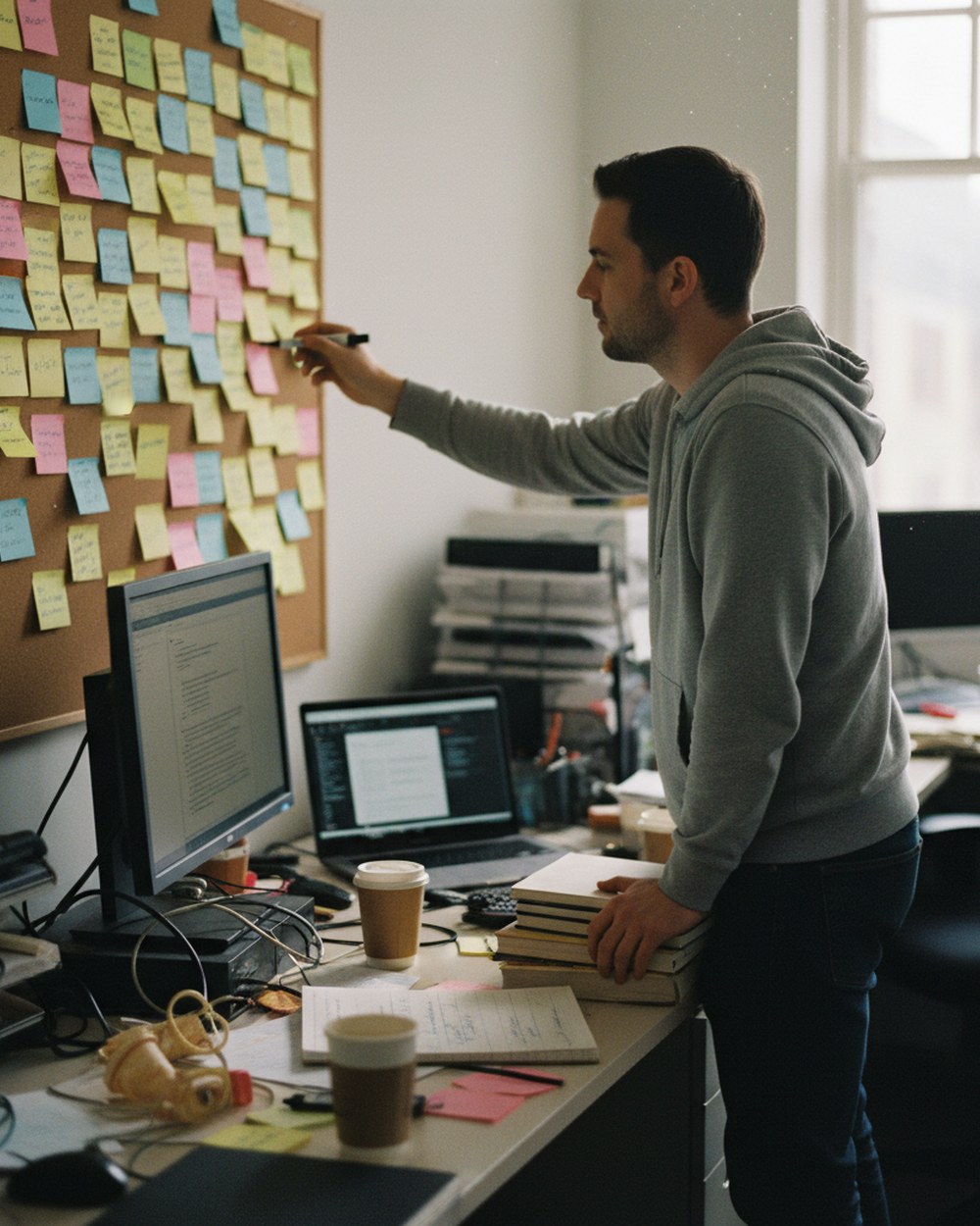 An employee at a cluttered desk listing their recurring weekly tasks on a sticky-note board