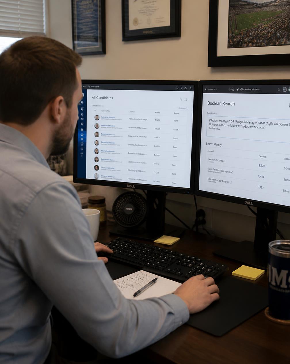 A recruiter at a desk with two monitors, one showing a candidate list and the other a boolean search string