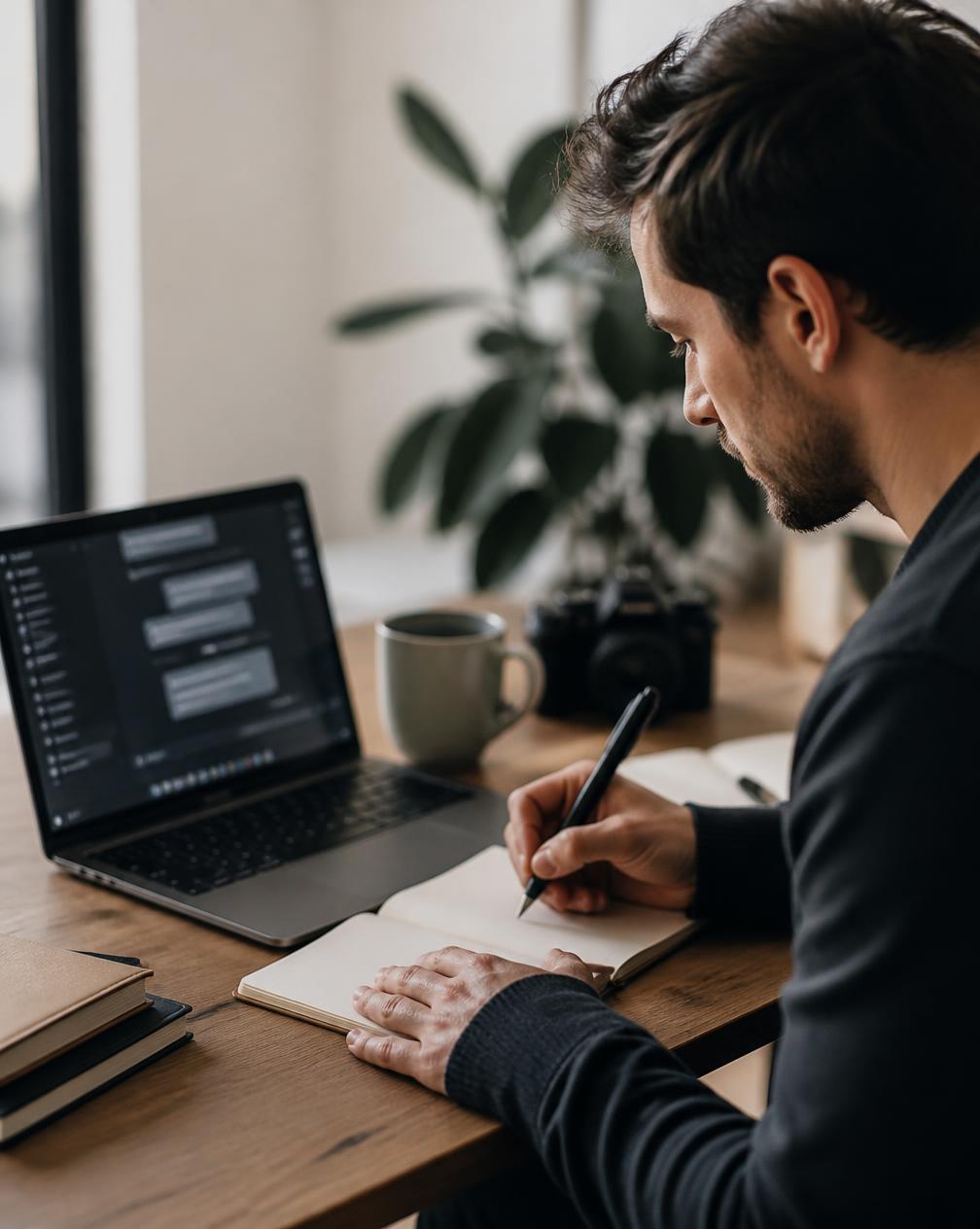 A marketer writing prompt notes in a notebook beside a laptop showing a chat assistant