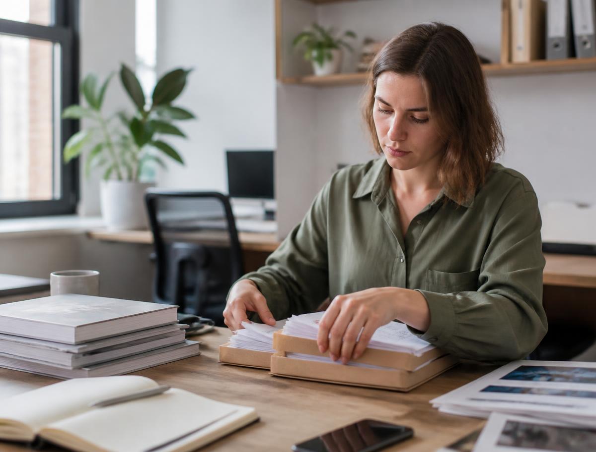 A person organising labelled document folders and reference material on a desk