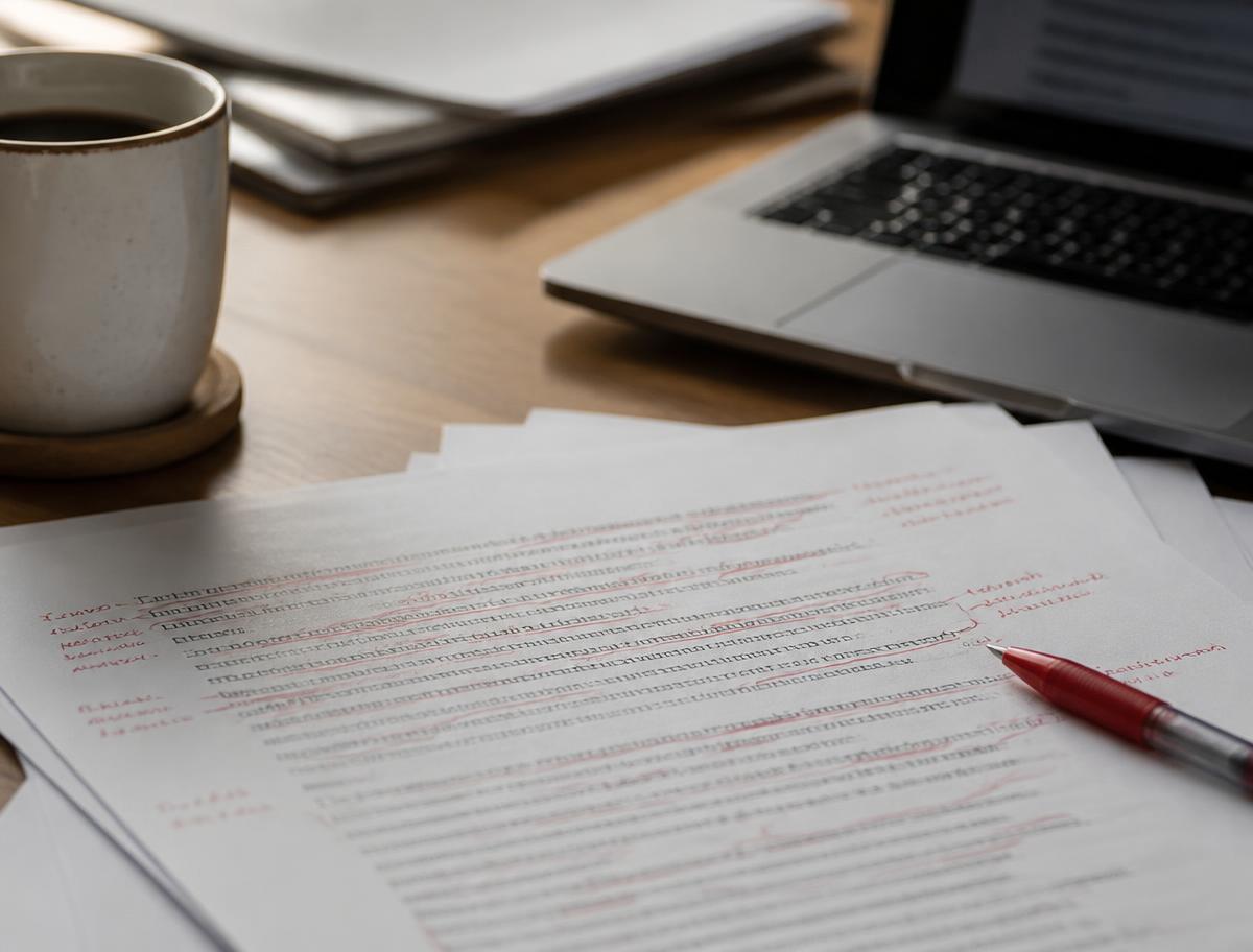 Printed pages covered in red pen edits on a desk beside a coffee cup
