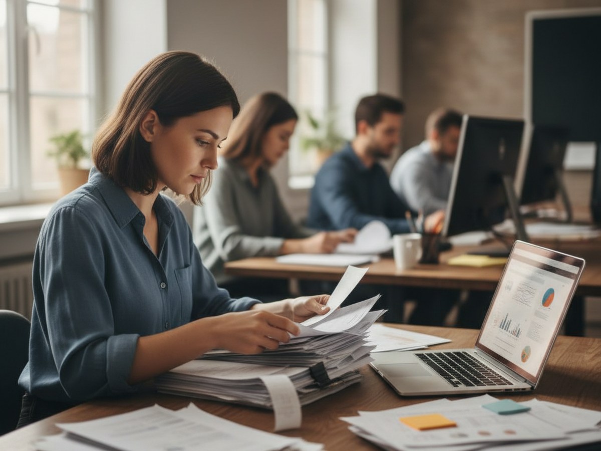 A bookkeeper sorting a stack of paper receipts next to an open laptop