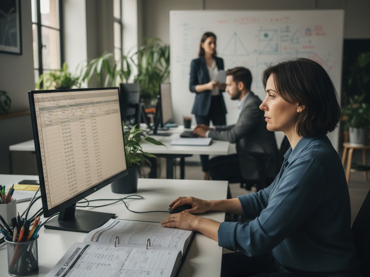 An analyst reviewing rows of a spreadsheet alongside a metric dictionary document