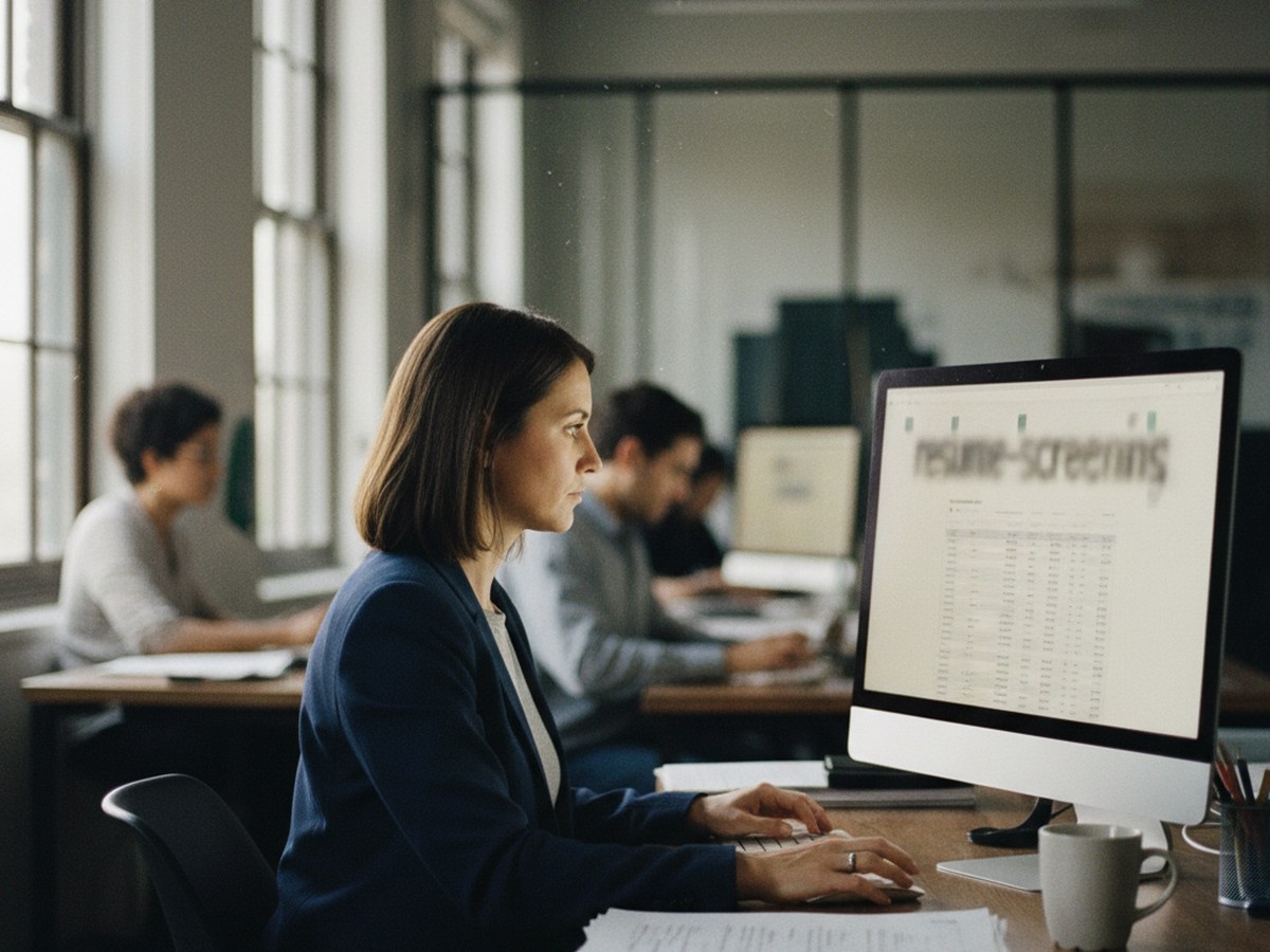 A recruiter at a desk reviewing candidate profiles on a computer screen