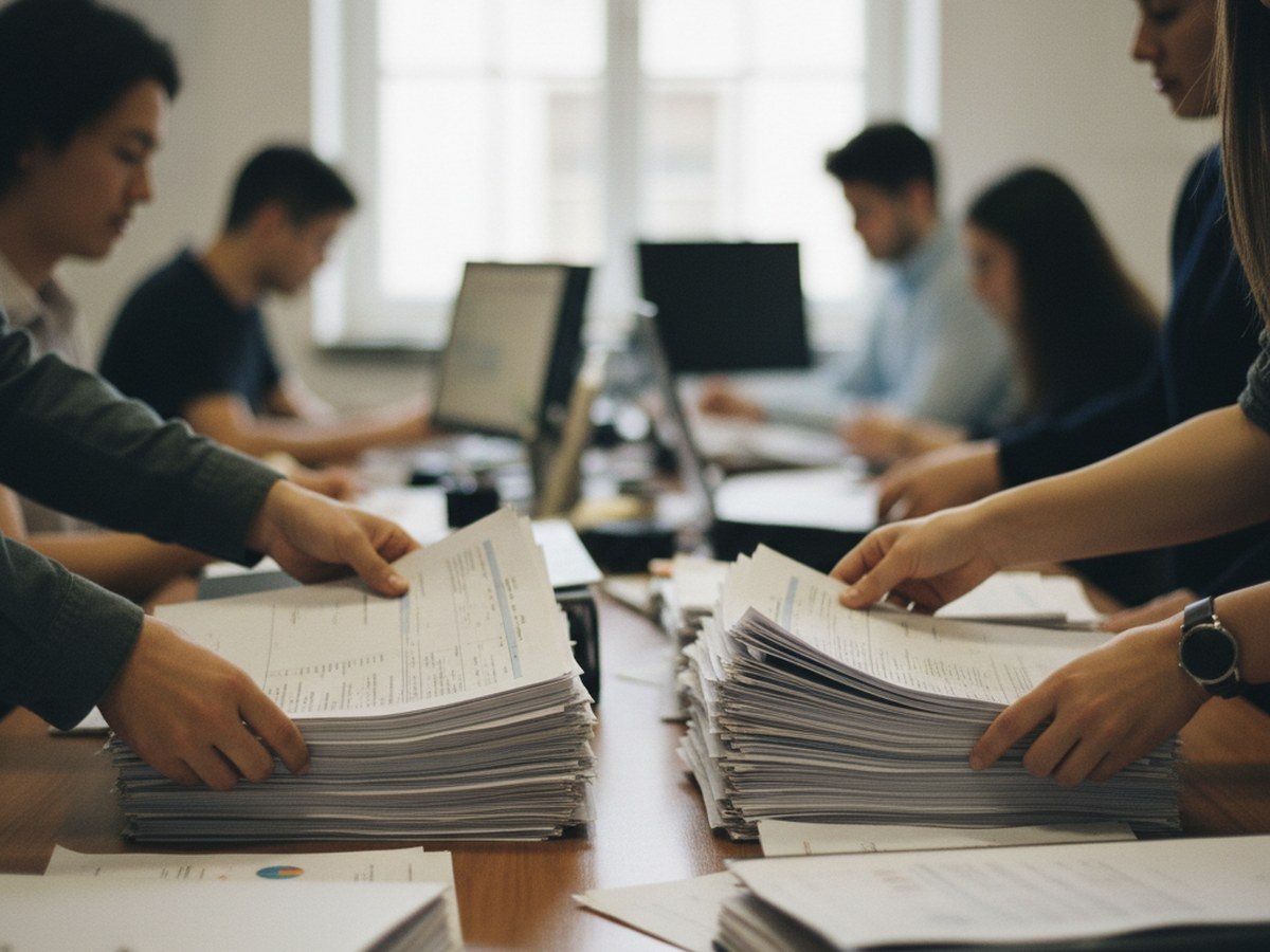 Hands sorting stacks of paperwork into two piles on a desk