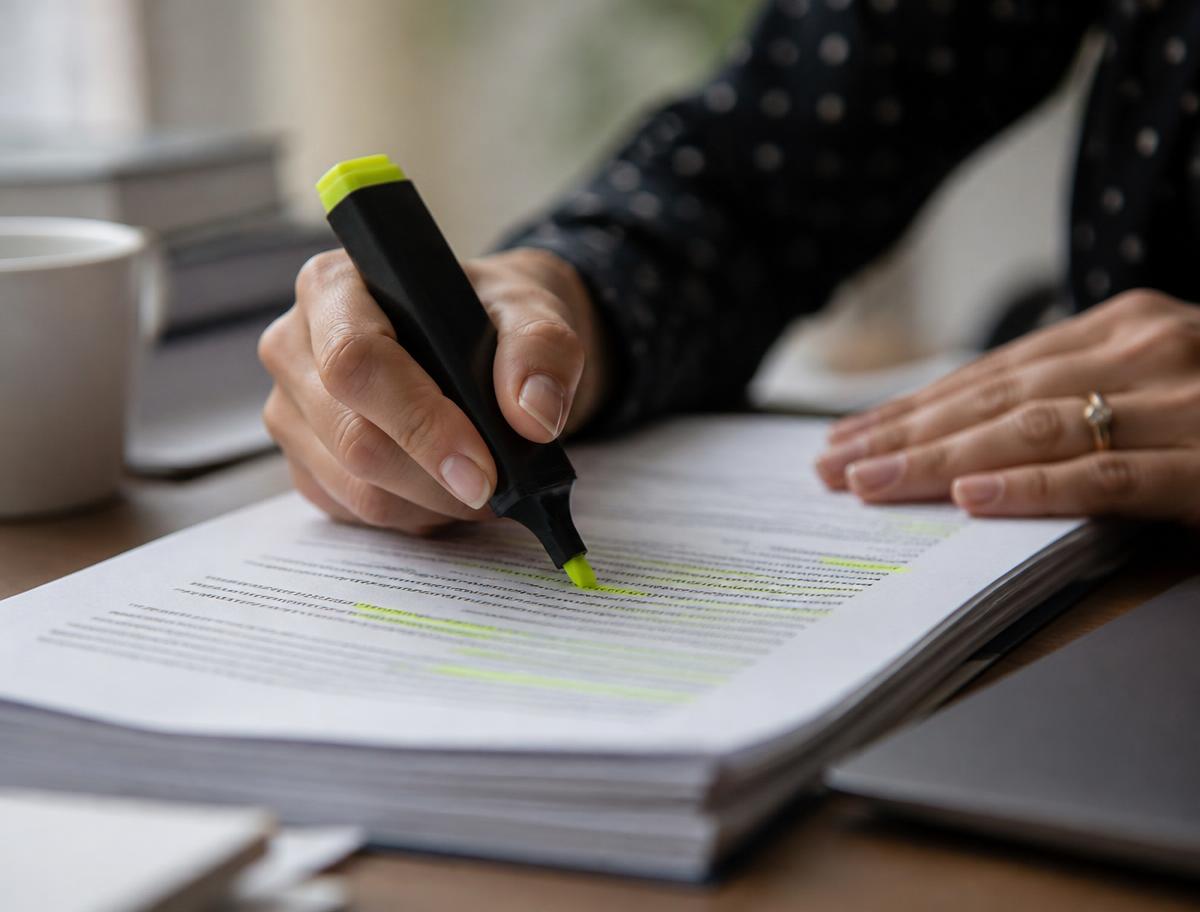 Hands highlighting clauses in a thick printed policy document